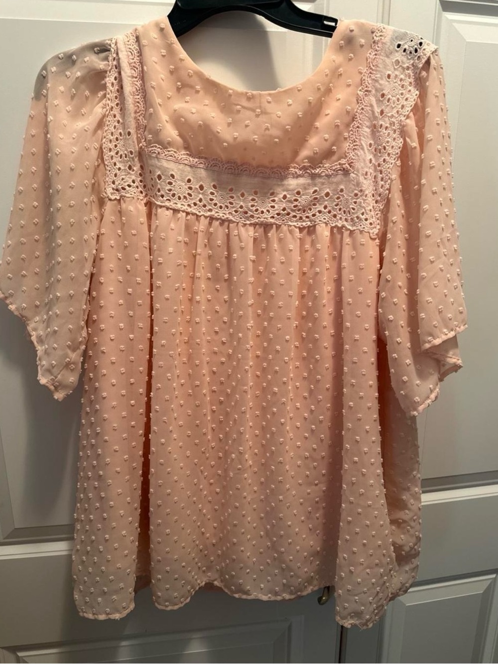 Women's Blush Pink Swiss Dot Lace Yoke Top